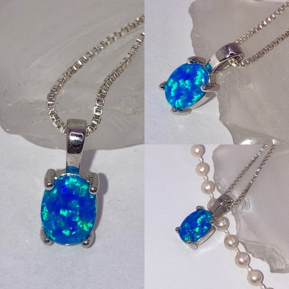 Blue Fire Opal Gemstone Dainty Stamped Pendant Necklace - Picture 5 of 7